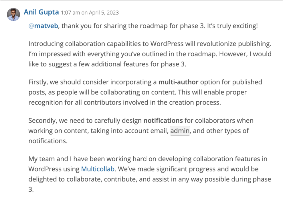 Anil Gupta, CEO at Multidots and Multicollab response to Real-time collaboration feature announcement in the WordPress Gutenberg Block Editor