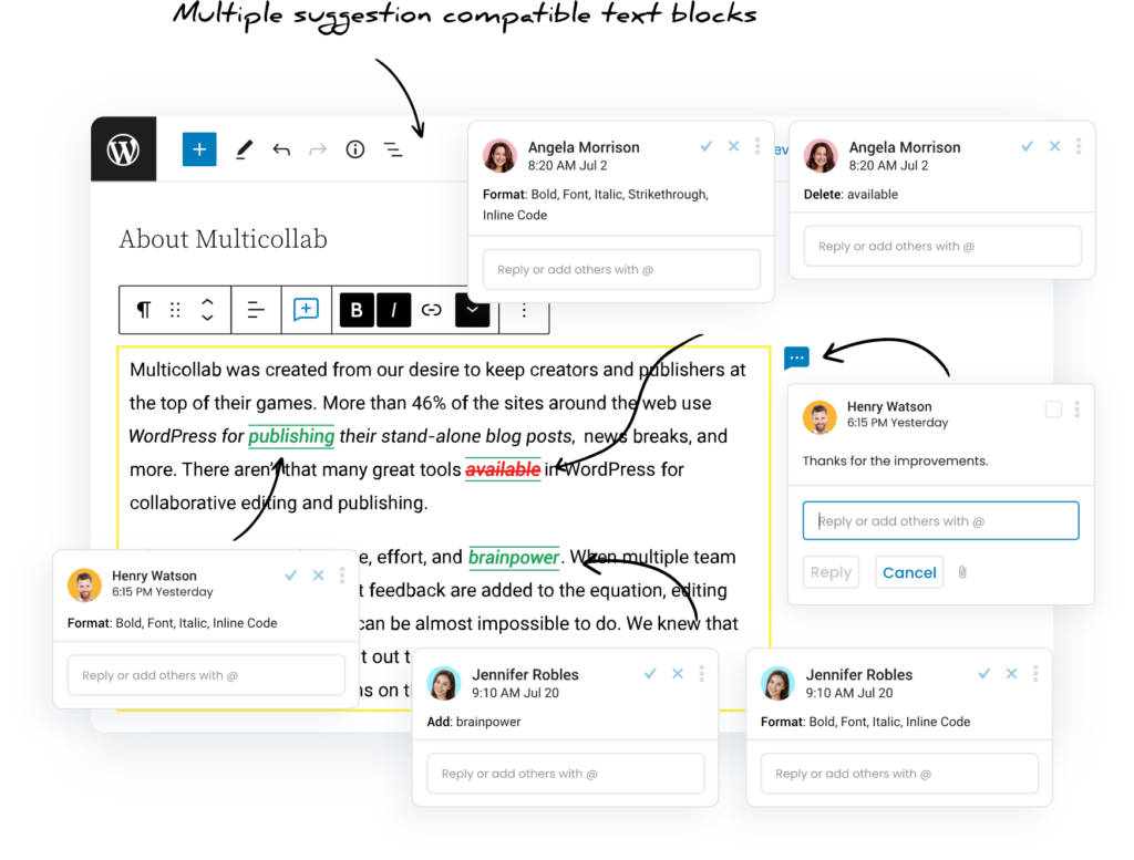 multiple suggestions compatible text blocks snapshot Multicollab