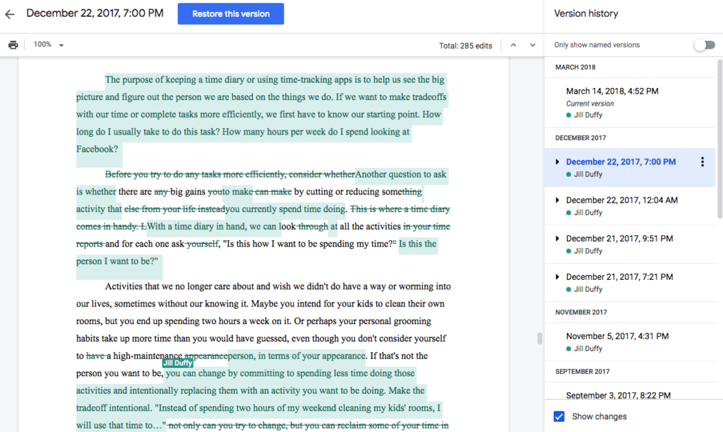 Google Docs version history screenshot