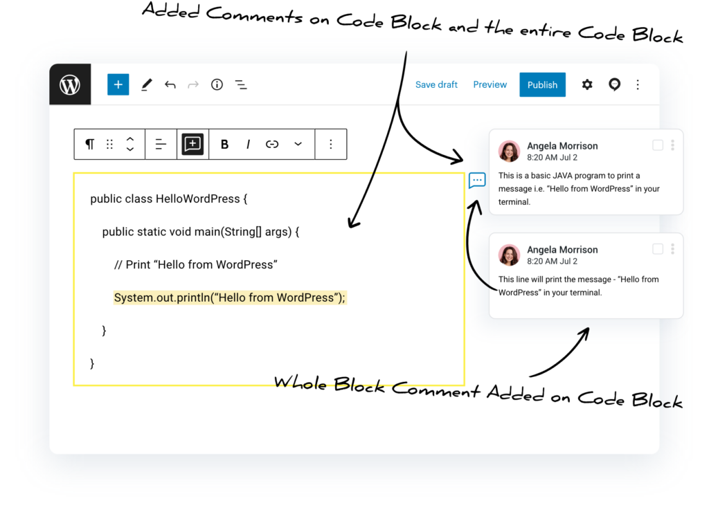 Multicollab 3.5 screenshot displaying comments added to individual lines of code within a code block and the entire code block