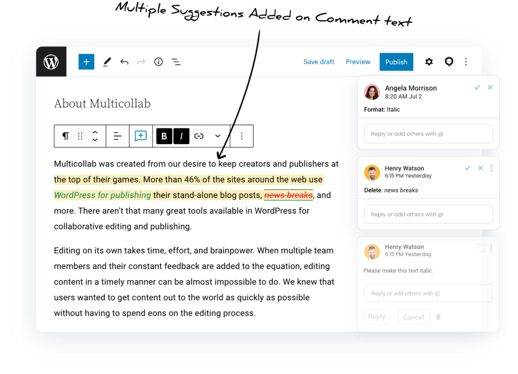 Multicollab 3.5 screenshot displaying multiple suggestions added to text
