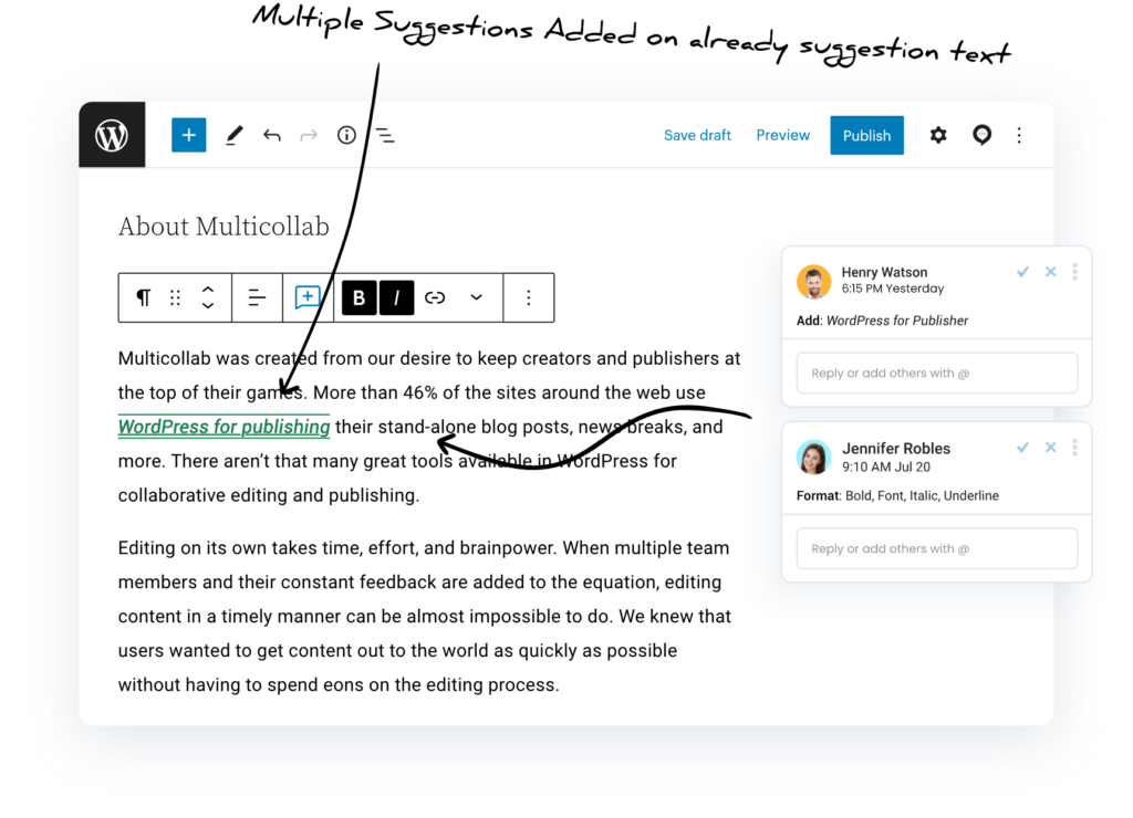 Multicollab 3.5 screenshot displaying multiple suggestions on the text that has already been commented on for suggestions