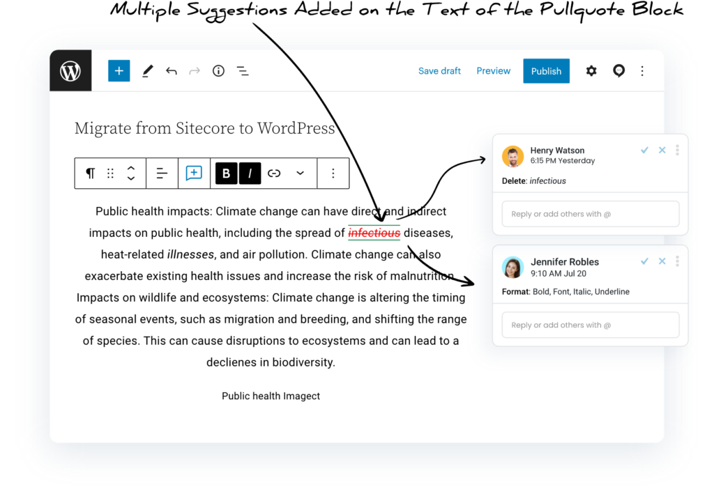 Multicollab 3.5 screenshot displaying multiple suggestions added to the Pullquote Text block