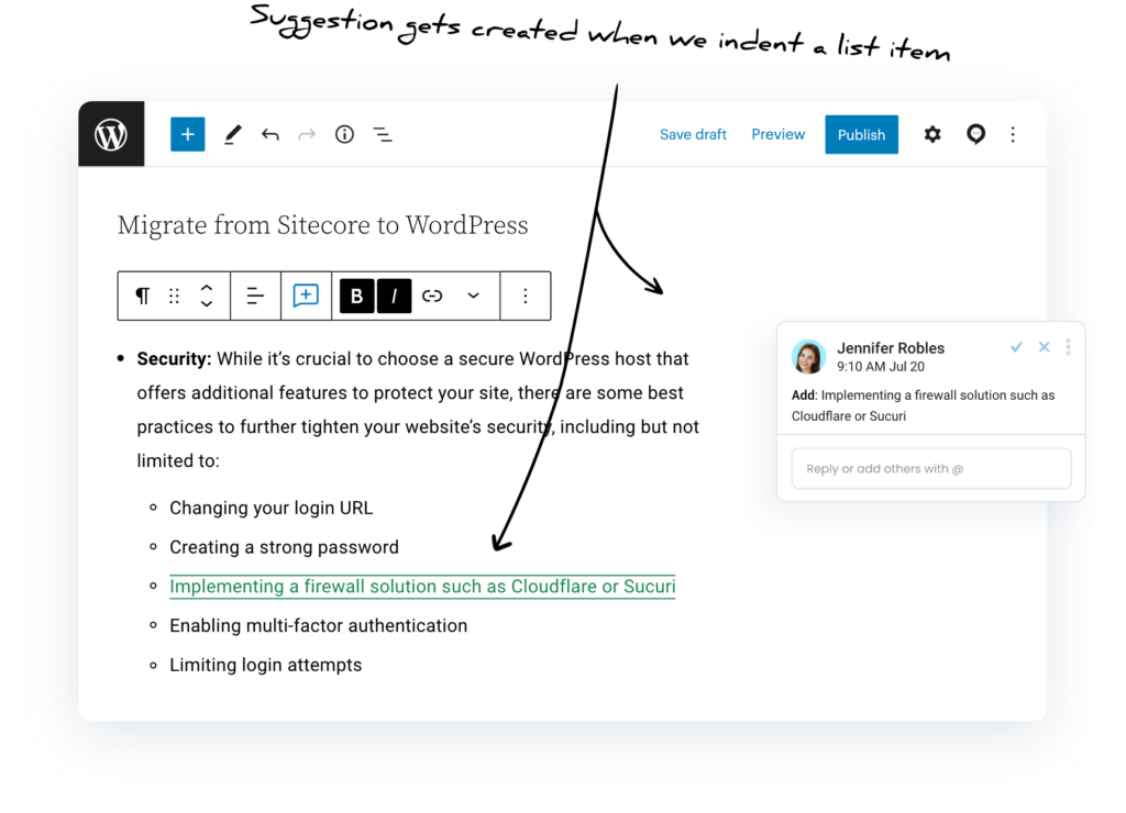 Multicollab 3.5 screenshot displaying suggestions added when a list item is indented
