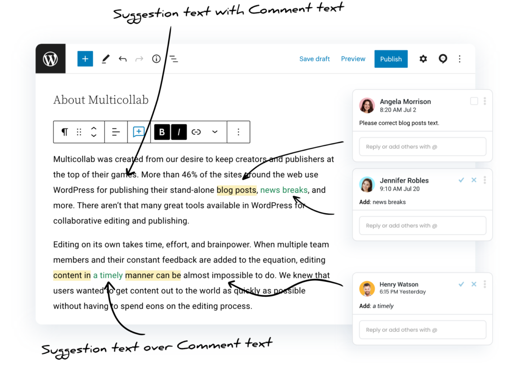 Multicollab 3.5 screenshot displaying suggestions added to previously commented text