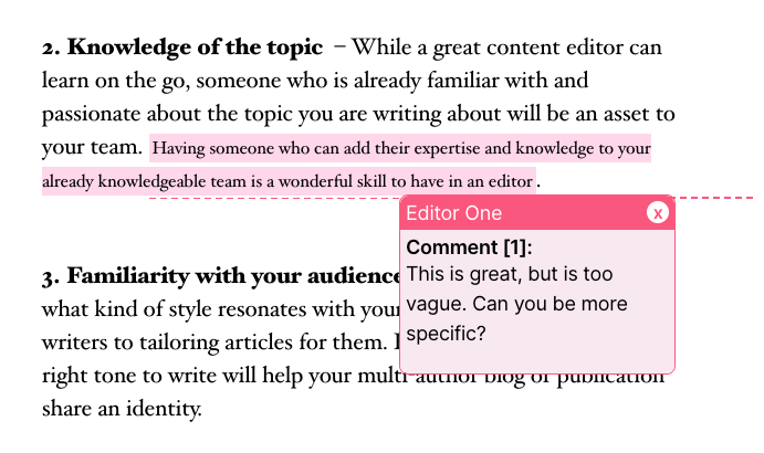 Oasis Workflow Editorial Commenting screenshot
