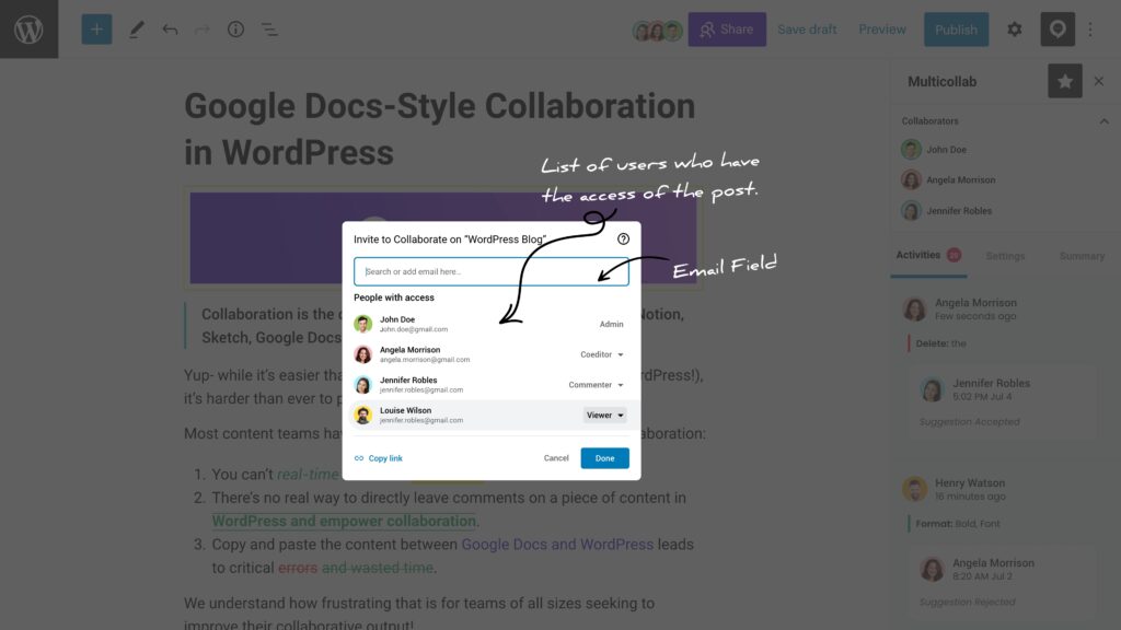 Multicollab 'Invite to collaborate' user roles ‘viewer’, ‘commenter’, or ‘co-editor’.