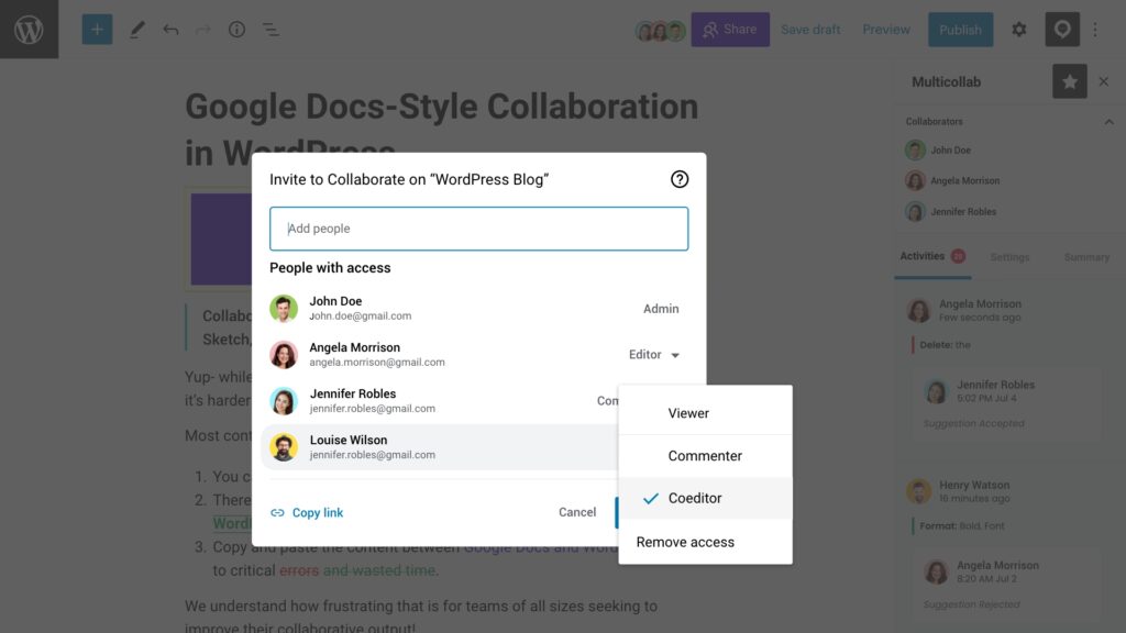 Invite to collaborate' user permissions in Multicollab