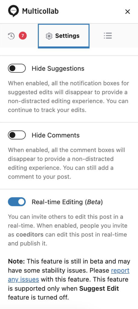 Real-Time Editing (Beta) configuration in Multicollab