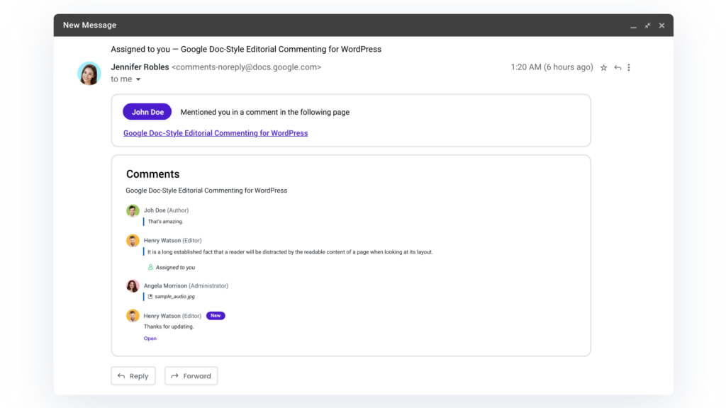Email notifications snapshot in Multicollab plugin