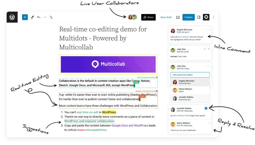 real-time editing and suggestions feature in Multicollab 4.0 dashboard