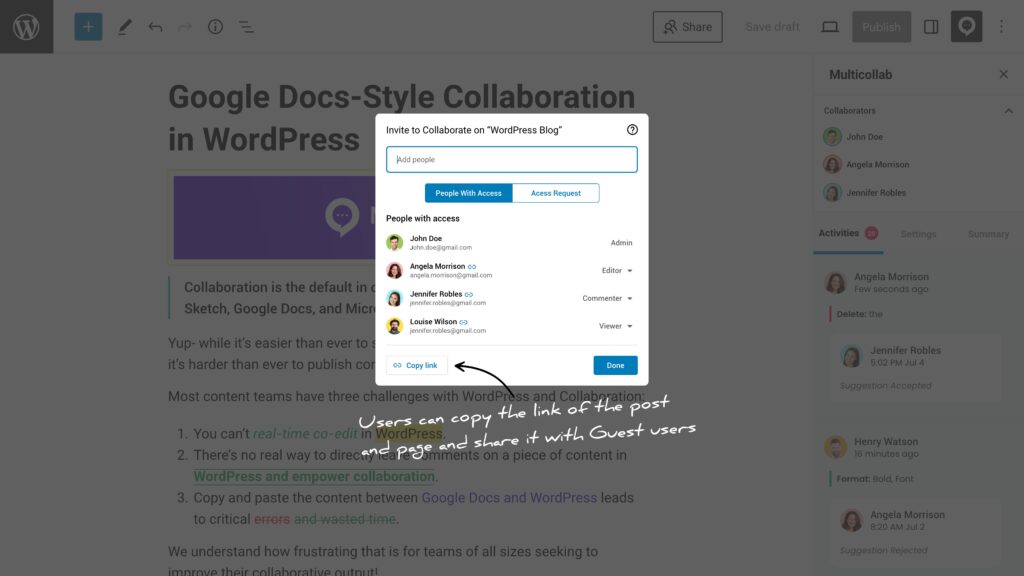 Multicollab users can now easily copy the link of the post or page to share with Guest users
