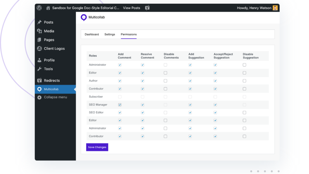 multicollab user permissions snapshot