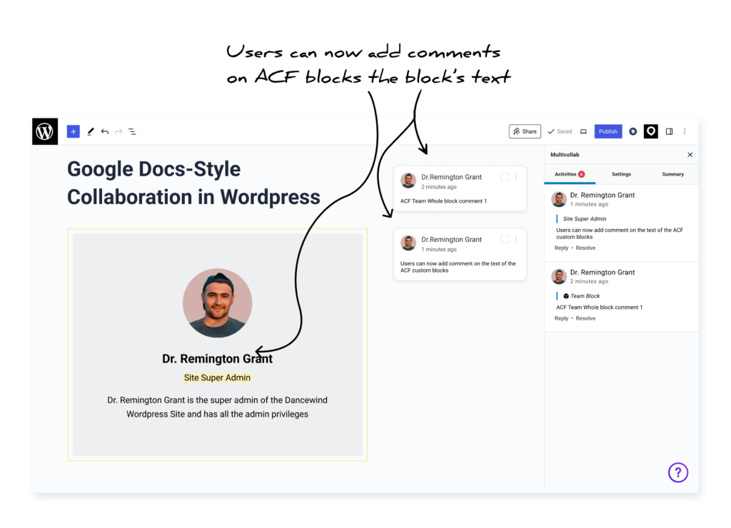 Multicollab 4.2 users can now add comments on ACF blocks and the block's text