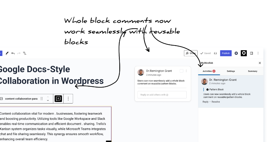 Multicollab 4.2 Whole block comments now work seamlessly with reusable blocks.