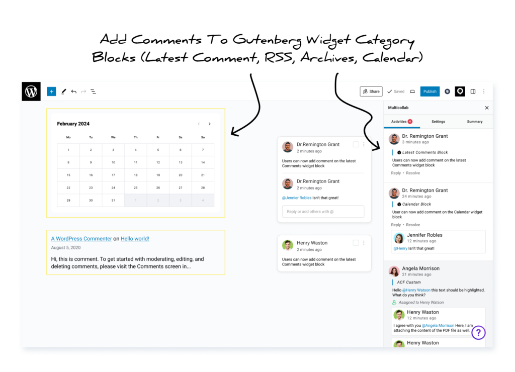 Multicollab 4.2 Users can now add comments to Gutenberg widget category blocks
