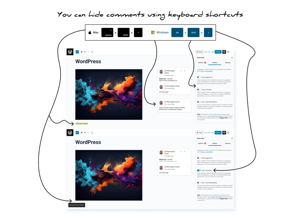 Multicollab 4.4 hide comments using keyboard shortcuts