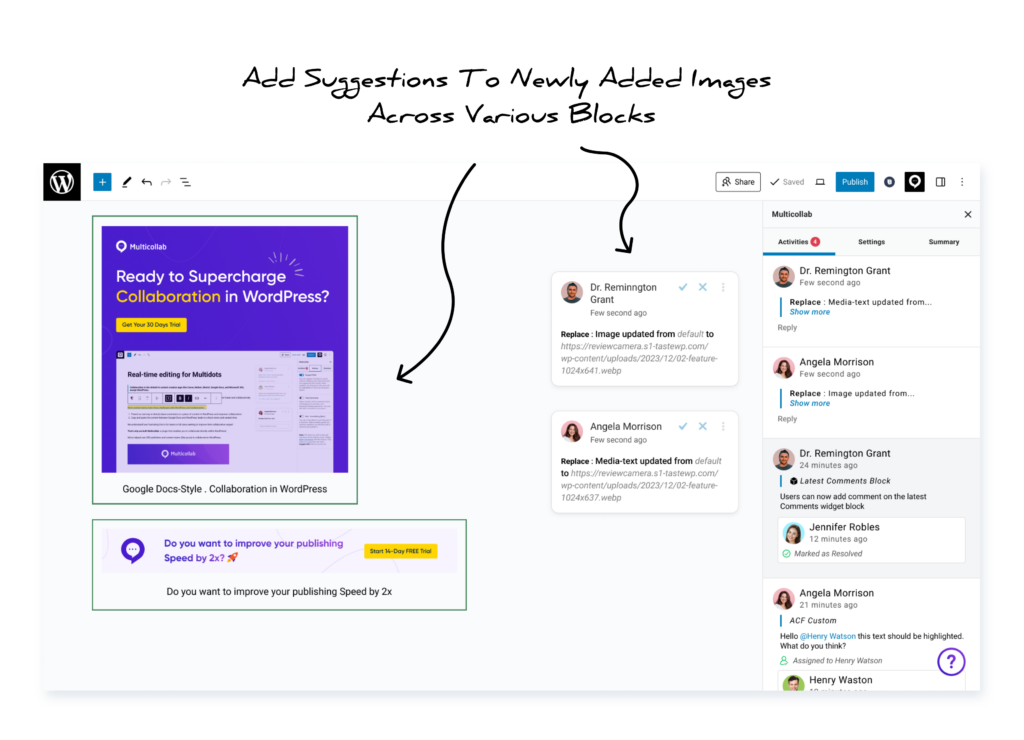 Multicollab 4.2 Users can now add suggestions to newly added images across various blocks