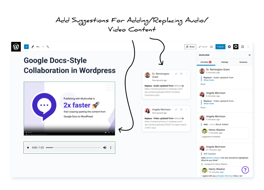 Multicollab 4.2 Users can now add suggestions for adding or replacing audio and video content