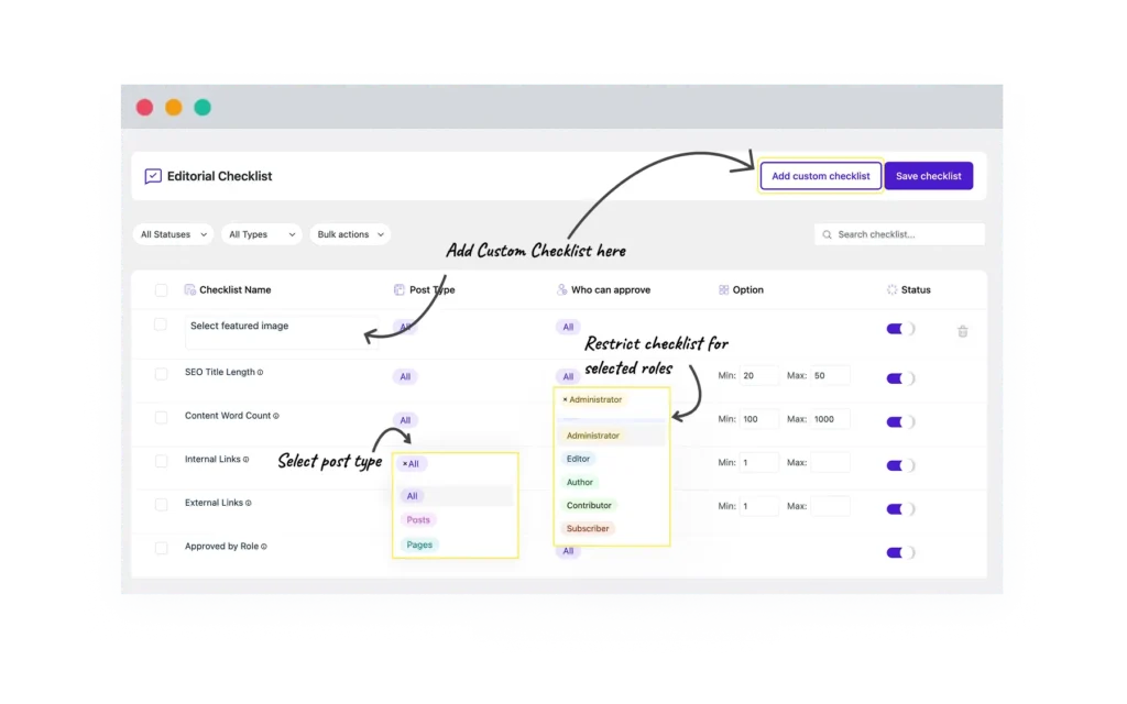 Checklist features