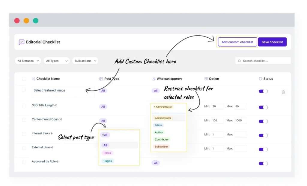 Multicollab 5.0 Ediotorial Checklist dashboard screenshot