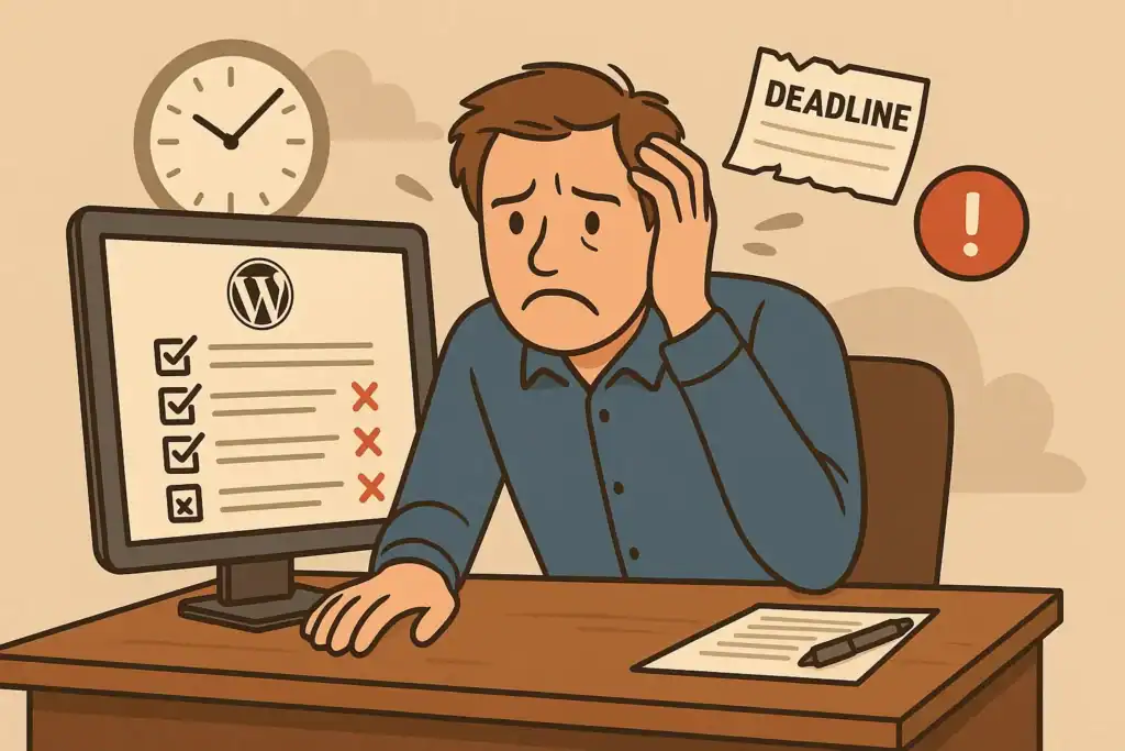 A stressed man sits at a desk, staring at a WordPress editorial checklist on his computer screen showing several incomplete tasks. A clock, a looming "DEADLINE" note, and a red warning icon emphasize the pressure and frustration caused by manual publishing errors.