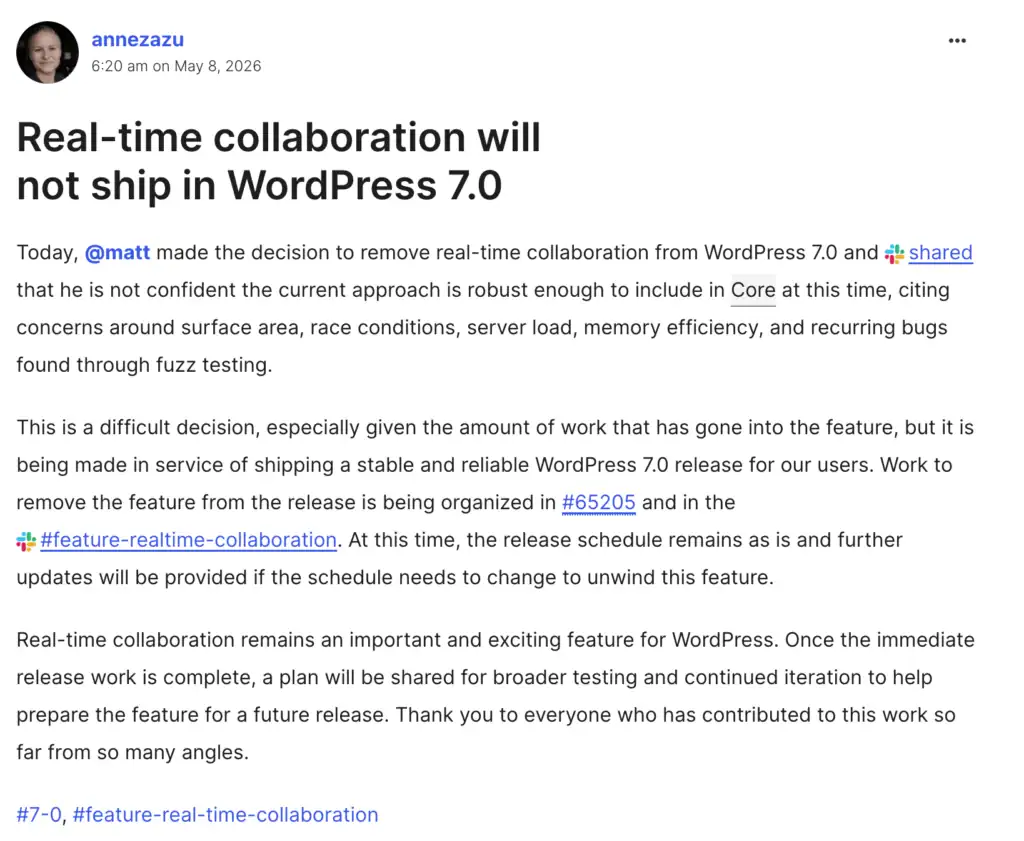 WordPress real-time collaboration not shipped in WP 7.0