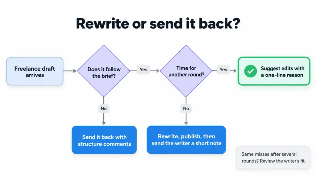 Decision flowchart for whether to rewrite a freelance draft, send it back, or suggest edits in order to maintain brand voice consistency