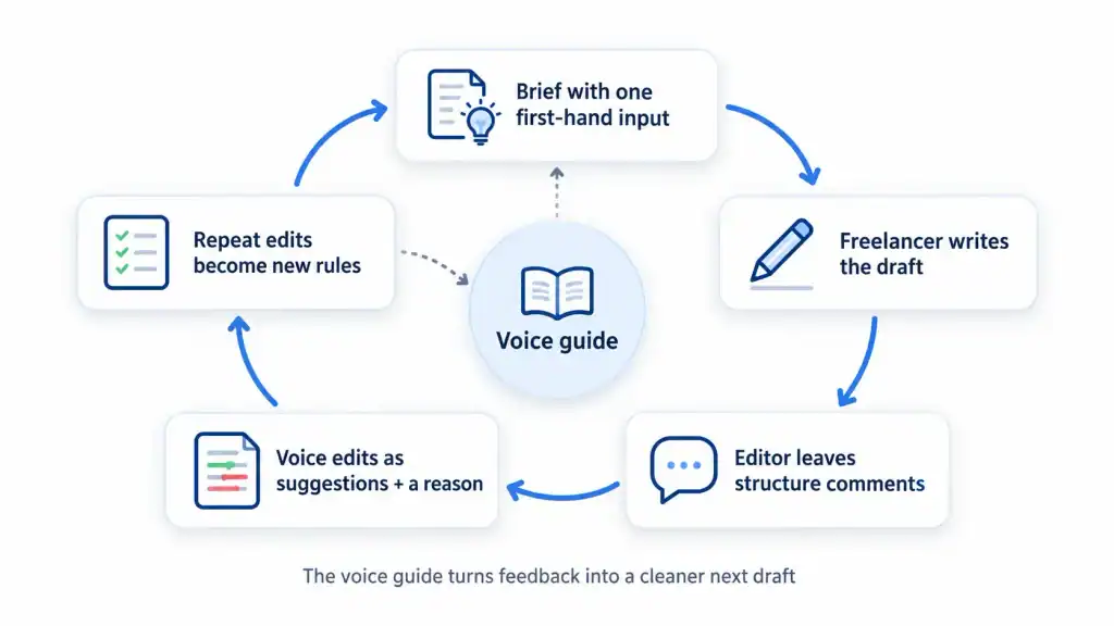 Editing loop for freelance drafts: brief, draft, structure comments, voice suggestions, and repeat edits that become brand voice consistency rules